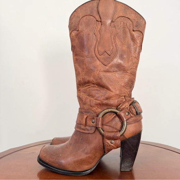 Justin Brown Tan Harness Moto Western Cowgirl Heeled Tall Boots | 7.5 - Picture 3 of 10